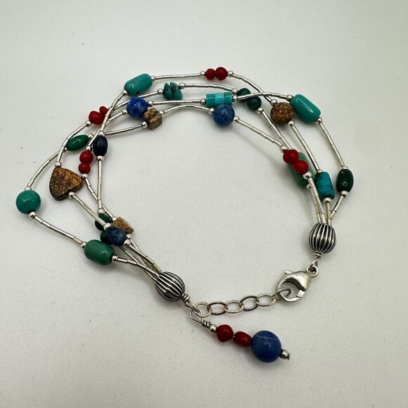 up to 7.5" liquid silver and multi-stone beaded, sterling silver bracelet! - Picture 3 of 11